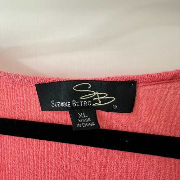Suzanne Betro Coral Pink Lightweight Tank Top with Cream Embroidery, Size XL - Picture 3 of 7